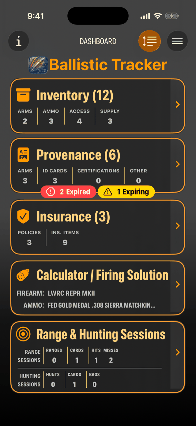 BallisticTracker dashboard with Ballistic Calcs, Inventory, Provenance, Insurance, and Range Sessions tiles