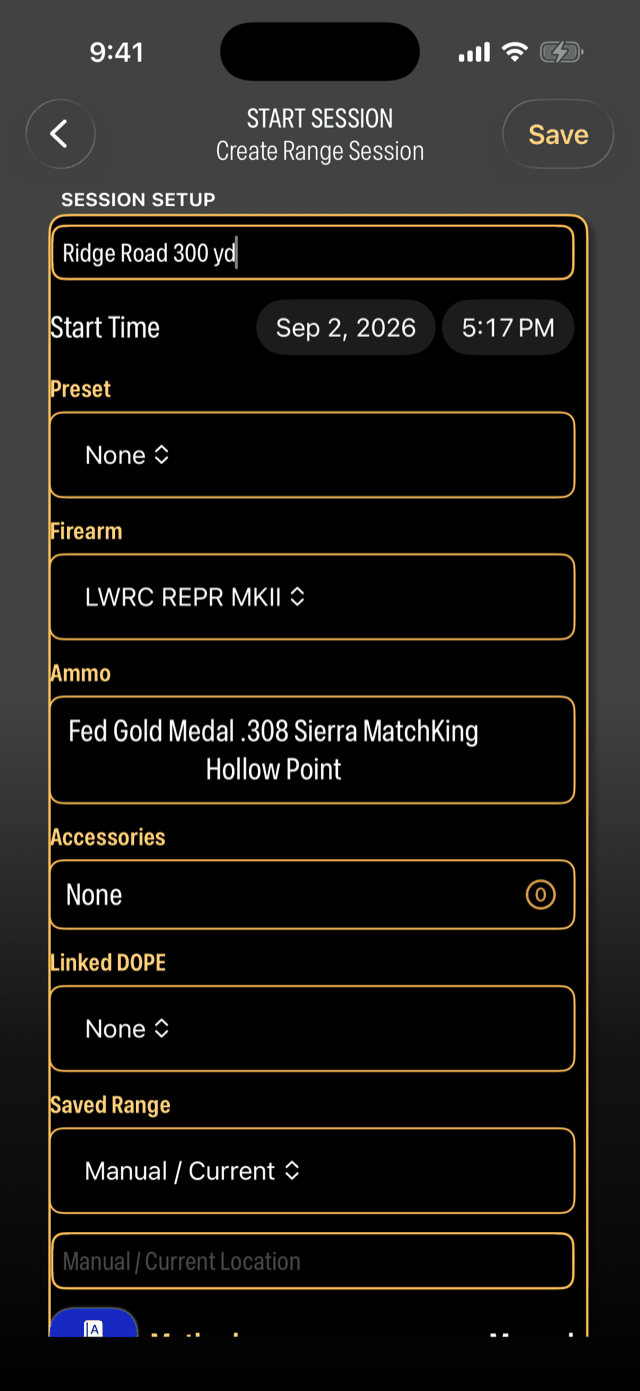 Start Session screen with the session name, firearm, and ammo selected