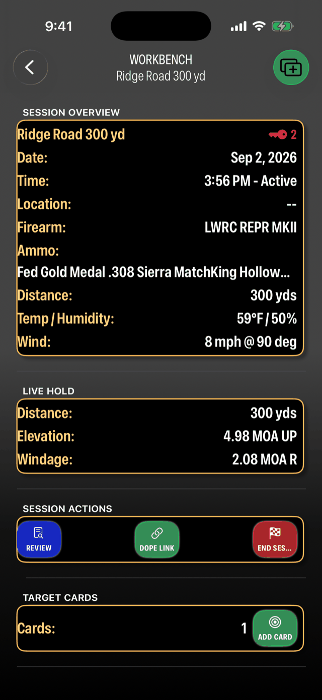 BallisticTracker app showing a range session with live hold, conditions, and shot scoring